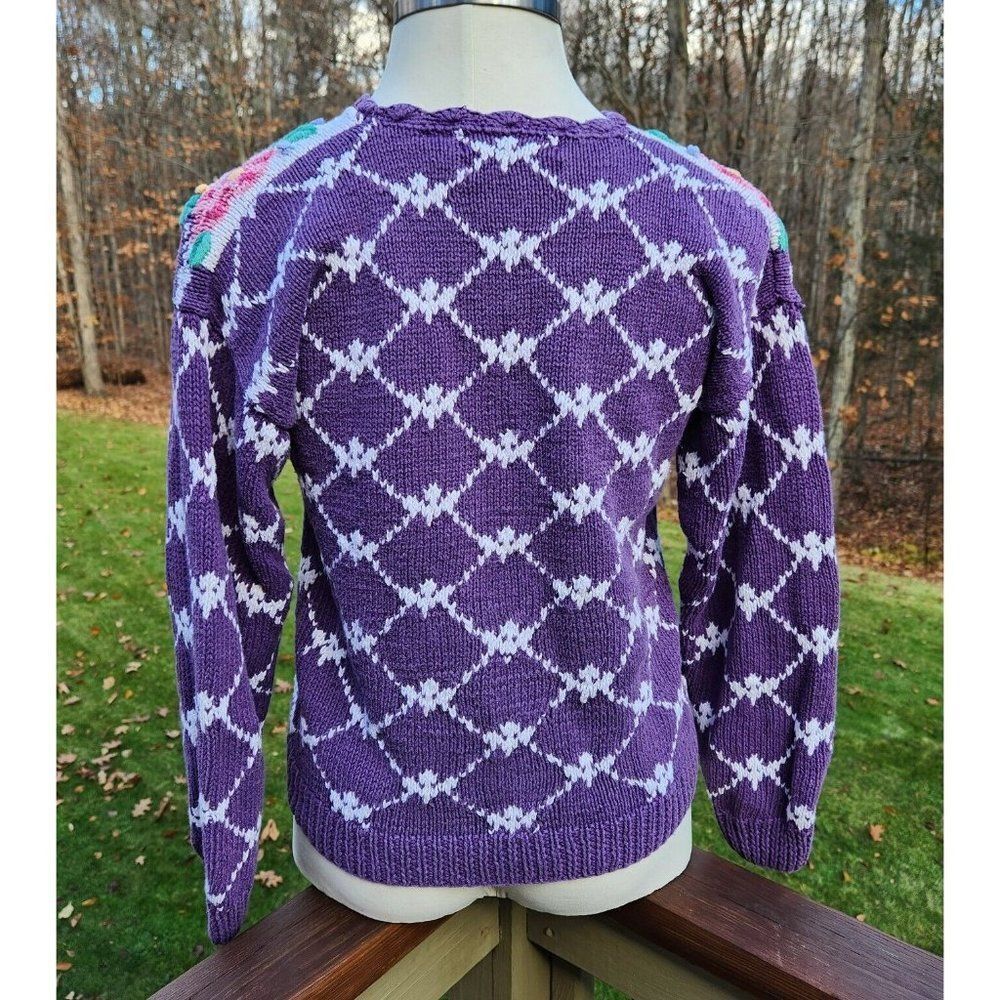 Signatures By Northern Isles Sweater 1990s Floral Bow Hand Knit Cotton Medium - Picture 6 of 7